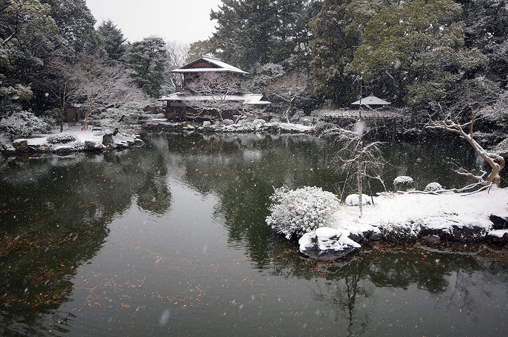 雪の京都御苑 九条池 拾翠亭