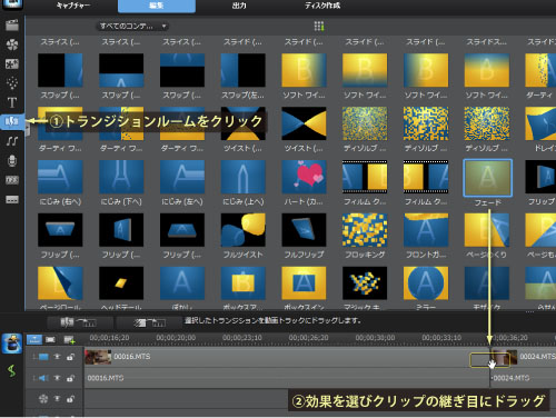 Powerdirectorで Avchdもサクサク編集タイムラインにトランジションを追加
